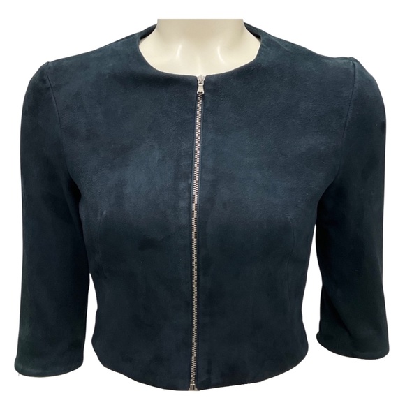 SUSAN BENDER NAVY CROPPED FULL ZIP SUEDE LEATHER JACKET - Picture 1 of 7